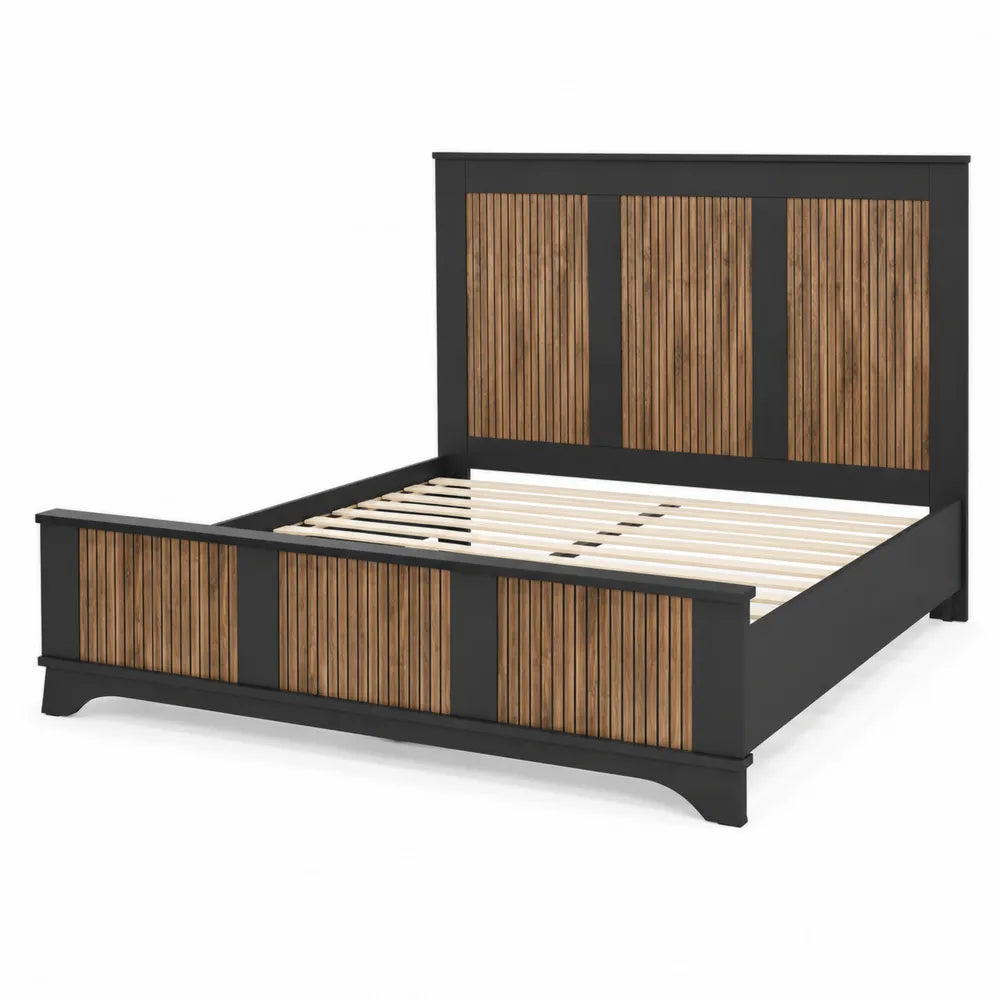 Lit double en bois et contreplaqué noir et chêne 200x160 cm