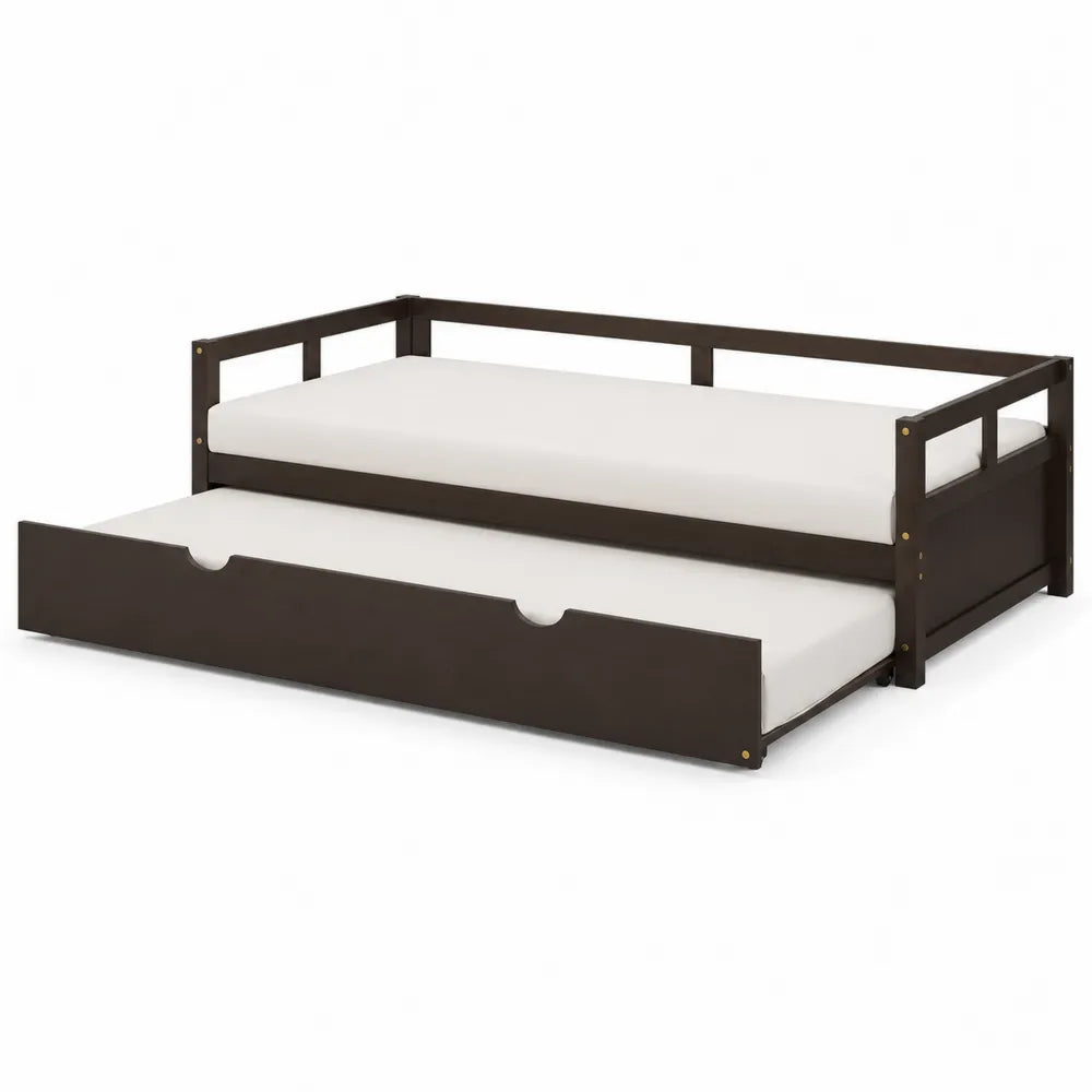 Lit gigogne en bois brun avec matelas